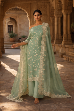 organza suit duptta 3 pc set with banarsi bottom