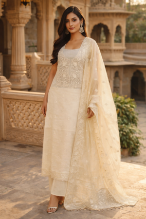 organza suit duptta 3 pc set with banarsi bottom